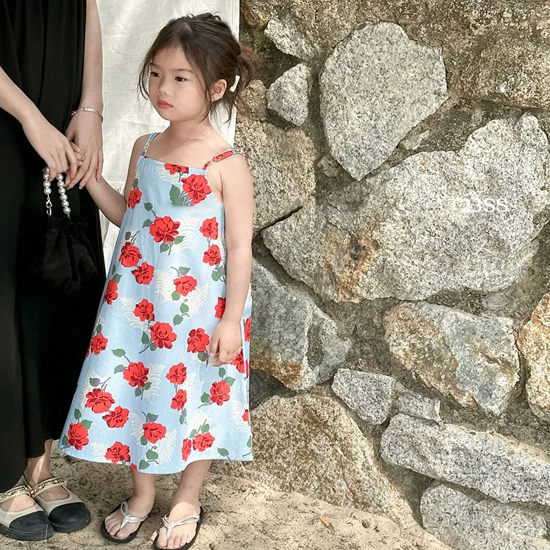여아용 민소매 해변 원피스, 한국 여름 원피스 소녀 홀터 원피스 폼멜 스커트, 3-8 세 어린이 원피스