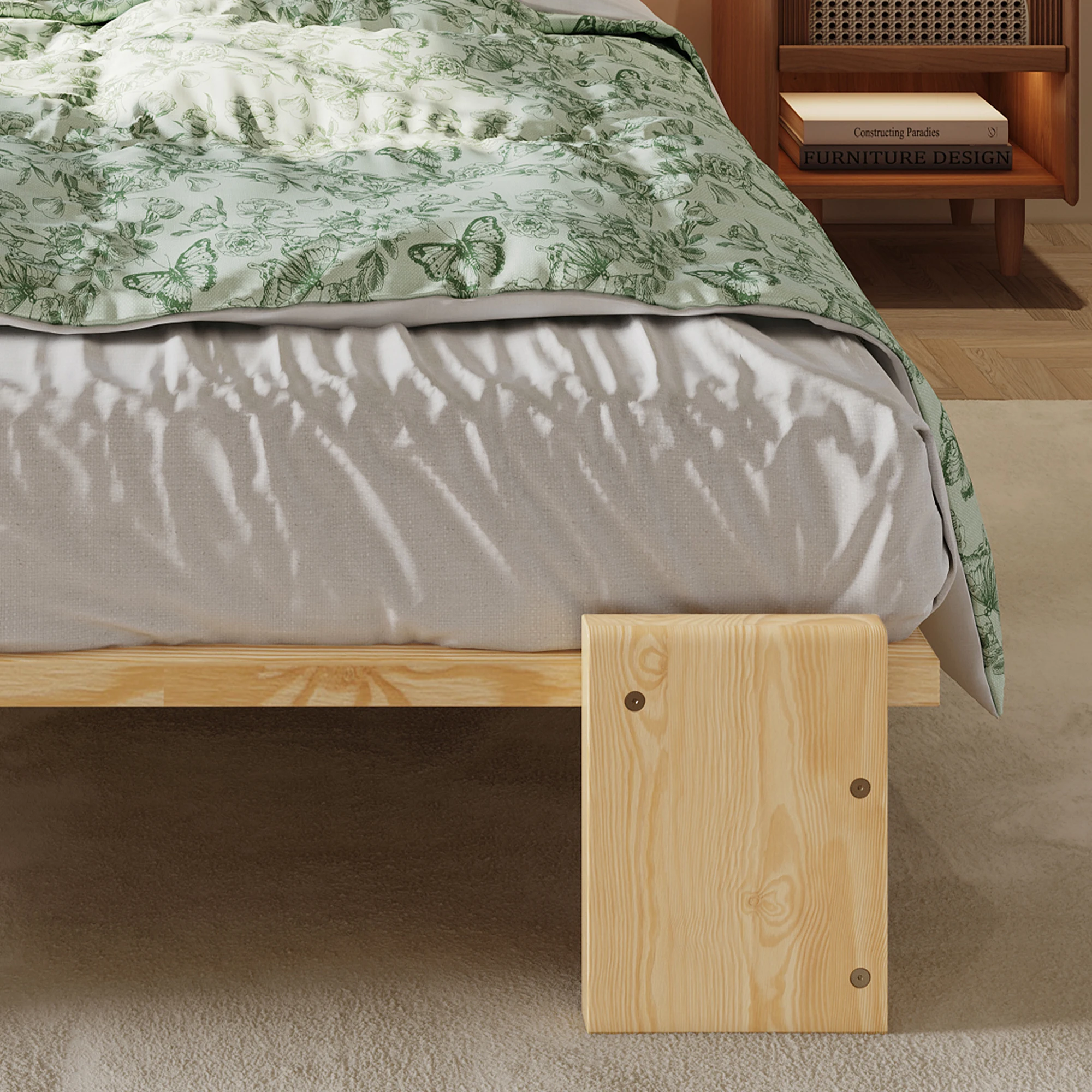 Polsterbett, Einzelbett, Kinderbett, gepolstertes Kopfteil mit Klettverschluss, stabile Lattenroste, breitere Bettbeine, naturfarben – Detail 18