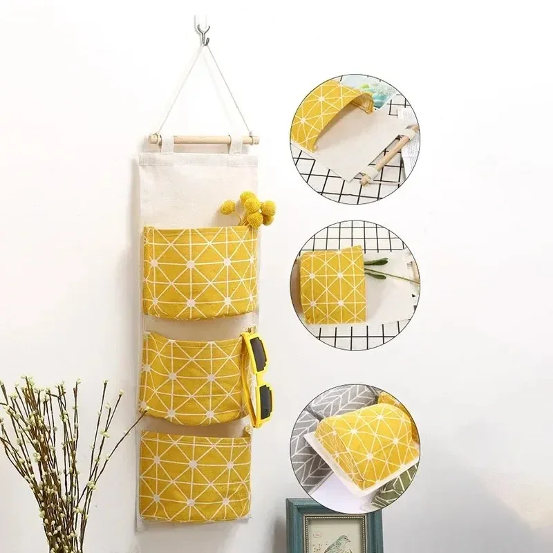 Cotton Linen Pattern Hanging Storage Bag 3 Pockets Wall Mounted Wardrobe Hang Bags Wall Pouch Cosmetic Toys Organizer 1/2PC hanging storage organizer hanging storage bag wall mounted organizer