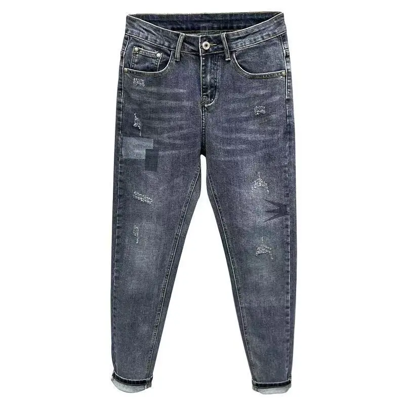 Fashion Men's Jeans Splicing Cat Whiskers Ripped Scratched Luxury Clothing Slim Fit Tapered Legs Designer Slim Jeans