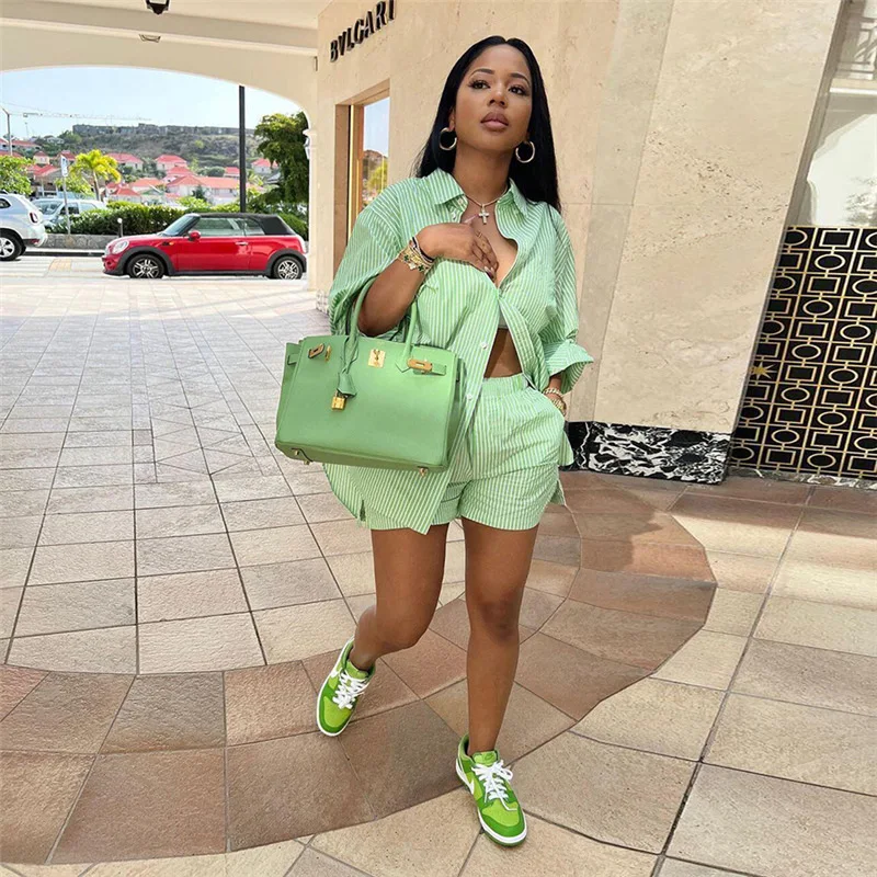 Casaul Women Striped Two Piece Set Shirt + Short Pants Sportsuit