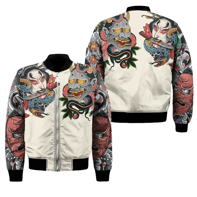 thumbnail image 1 of Chaqueta bomber de primavera y otoño para hombre, con estampado 3D de máscara de samurái Oni y tatuaje, con cremallera, informal, para la calle, 1 of 5
