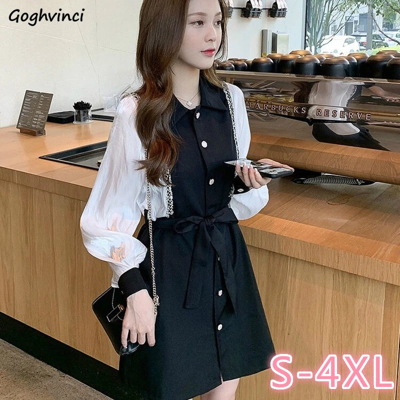 

Женское лоскутное платье с длинным рукавом и отложным воротником, офисное платье в стиле Ins из двух частей 4XL, облегающая свободная уличная одежда для свидания, BF Ulzzang