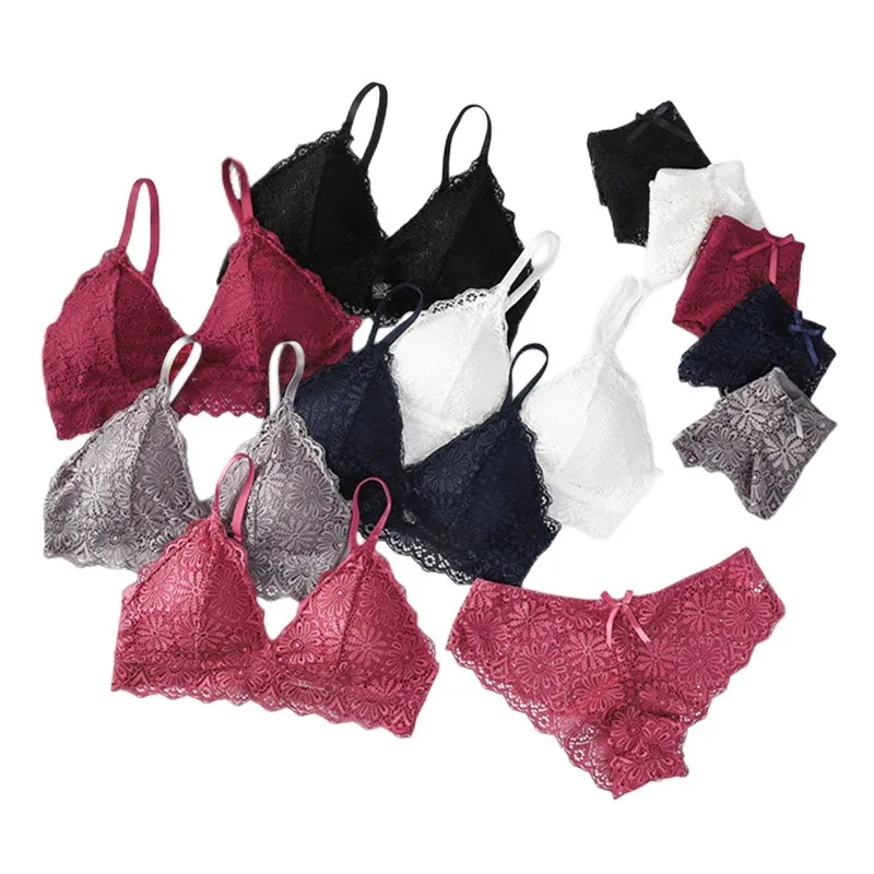 Vrouwen kanten bh-set Sexy lingerieset Bloemenkanten bralette Beugelloze beha Ondergoed Vrouwelijke lage taille slips Slips_voghion.com
