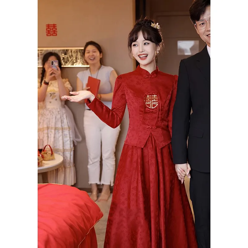 

Chinese Style Hanfu Set Wedding Bridal Qipao Burgundy Cheongsam Lady Elegant Jacquard Clothes New Chinese Style Qipao Top&skirt