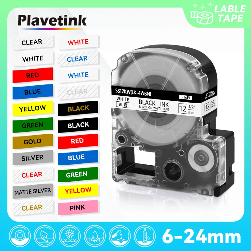 

PLAVETINK совместим с Epson KingJim SS12KW LC-4WBN SC12YW SC12RW SC12BW SM12ZW 12 мм кассета этикеток для Epson LW-300