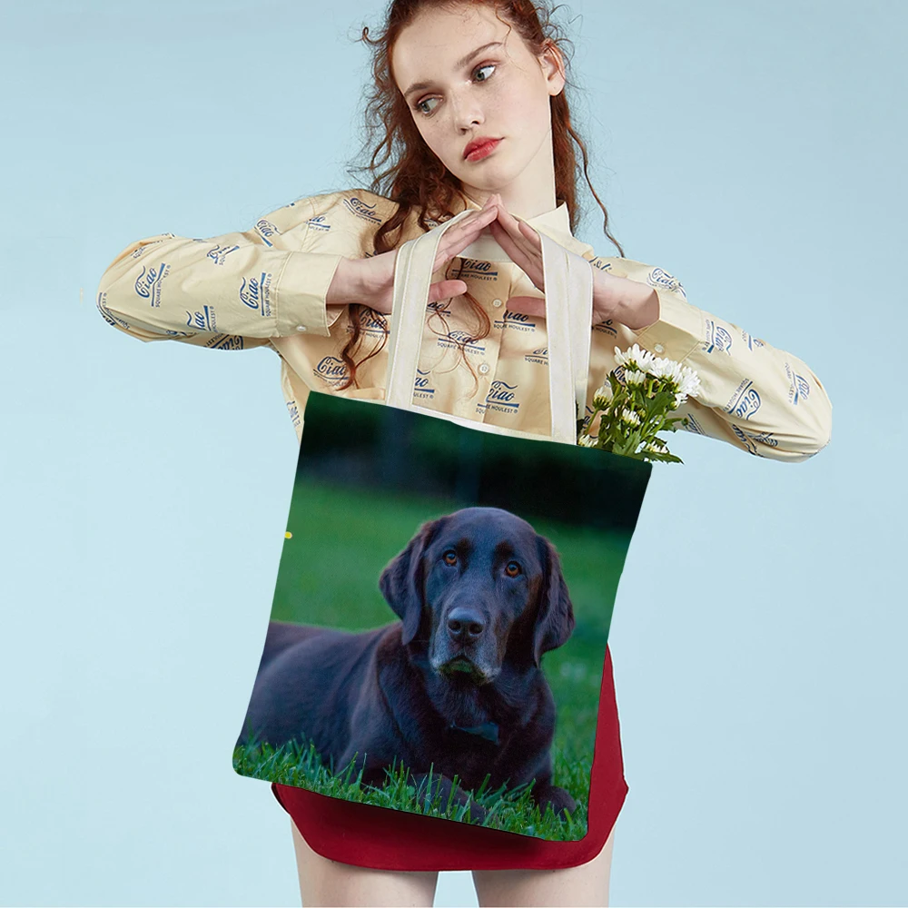

Fashion Black Labrador Dog Women Tote Handbag Reusable Both Sided Canvas Pet Animal Casual Lady Shopping Shoulder Bag Travel Bag