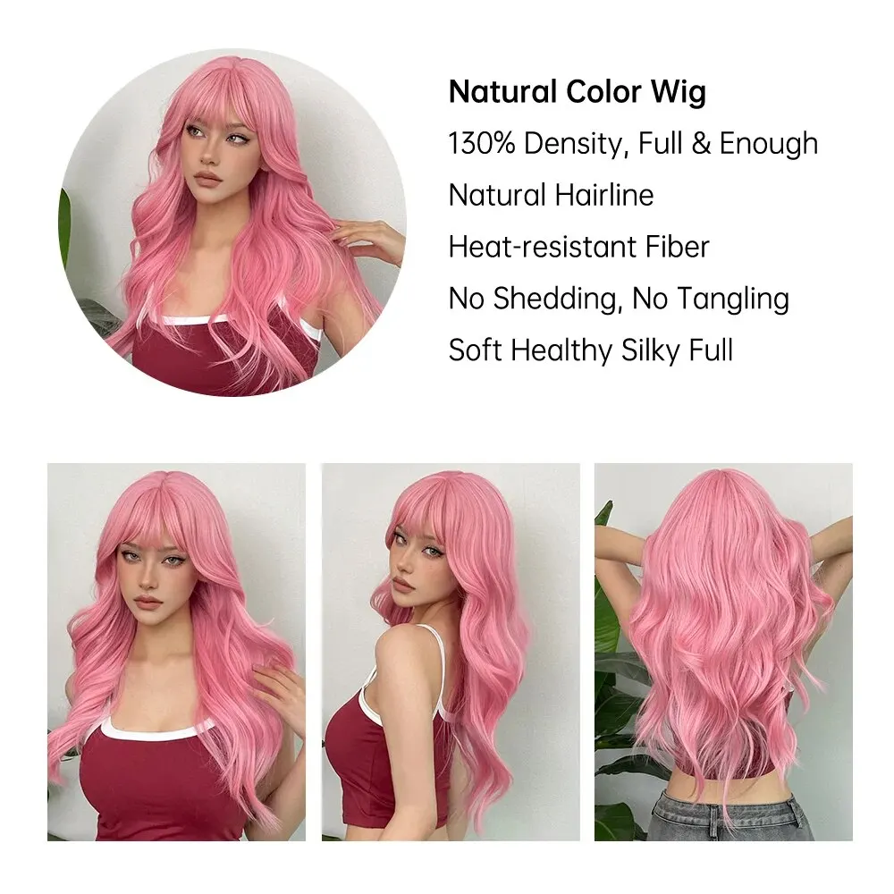 Light Pink Synthetic Hair Wigs Long Wavy Natural Hair Wigs with Bangs for Women Cosplay Lolita Wig Heat Resistant_voghion.com