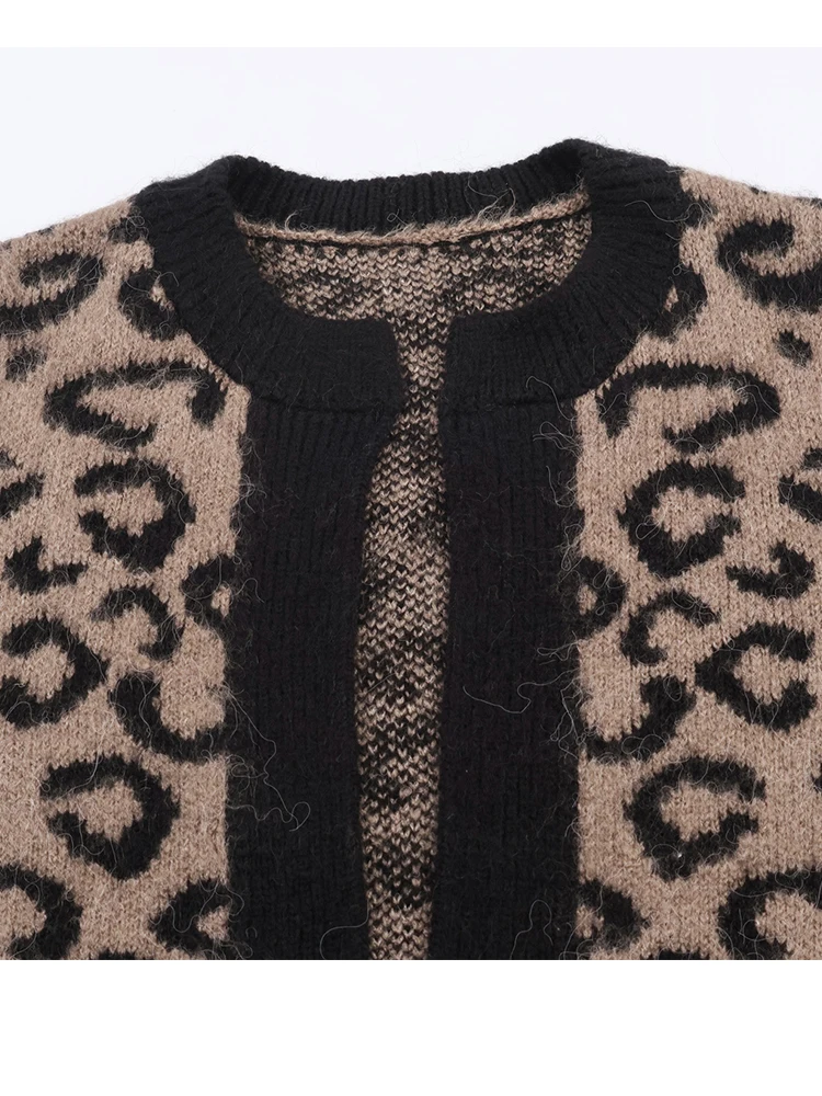 Women Fashion Knitted Cardigans Long Sleeve Vintage Leopard Jacquard Sweater Short Cardigan Autumn Winter New Knitwear Coat