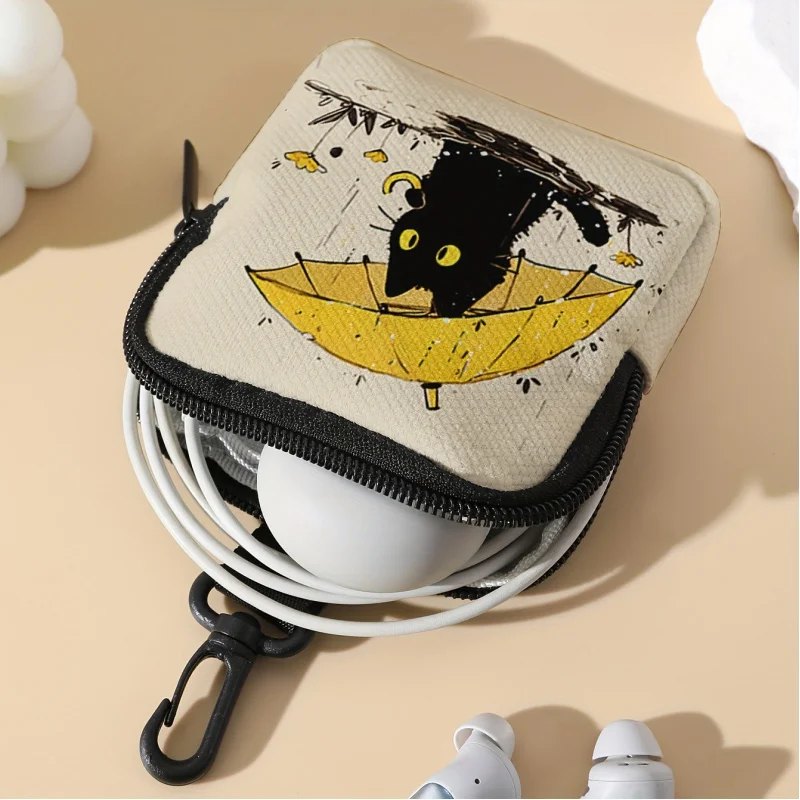 Yellow Umbrella Cat Print Coin Purse Artificial Leather Zipper Storage Bag Multi Functional Mini Earphone Case