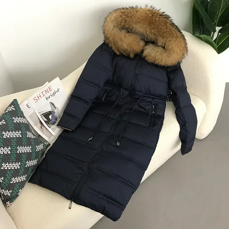 2023 New X-Long Jacket Real Raccoon Fox Fur Collar Hooded Winter Women White Duck Down Female Thick Warm Coat Luxury Outerwear