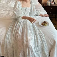 Women Summer 100% Cotton Thin Style Nightdress French Square Collar Full Sleeves Nightgowns Princess Sweet Printing Long Nightie - Image 4