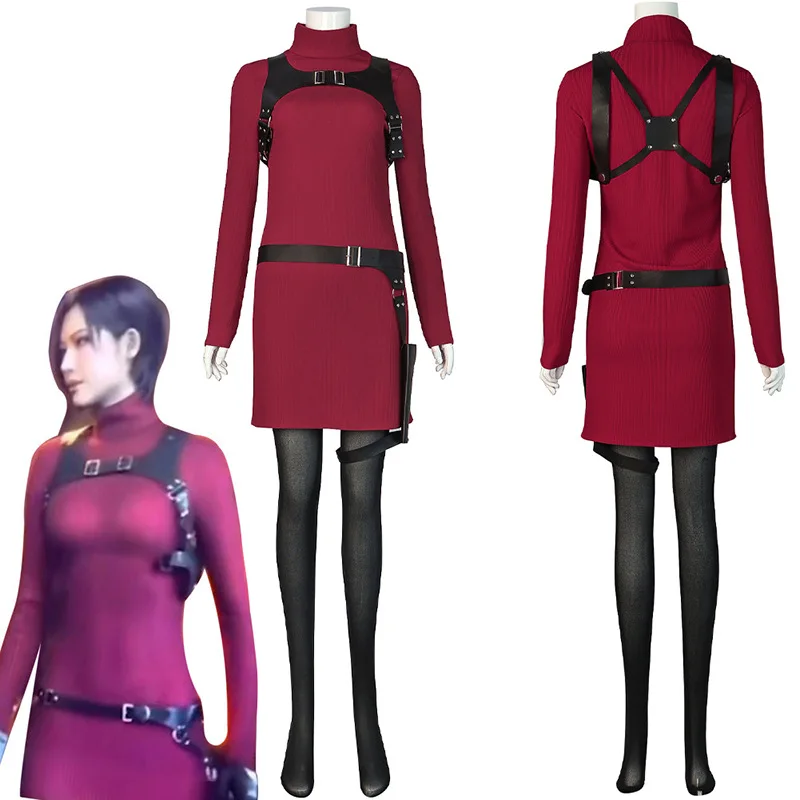 Movie Ada Wong Cosplay Costume Adult Women Girls Red Dress Socks Suit Halloween Outfit Uniform Party Performance