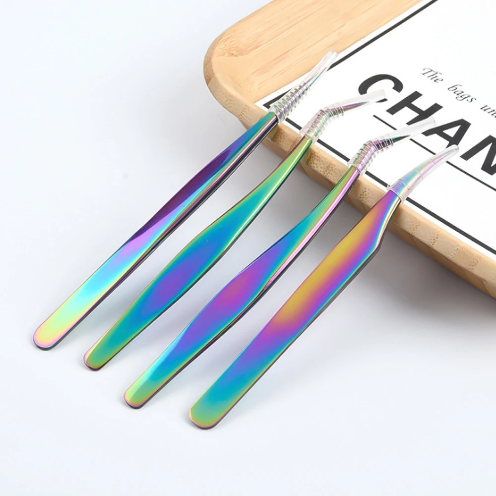 Eyelash Tweezers Rainbow Anti-static Extension Fan Lash Eyebrow Curved Straight Excellent Closure