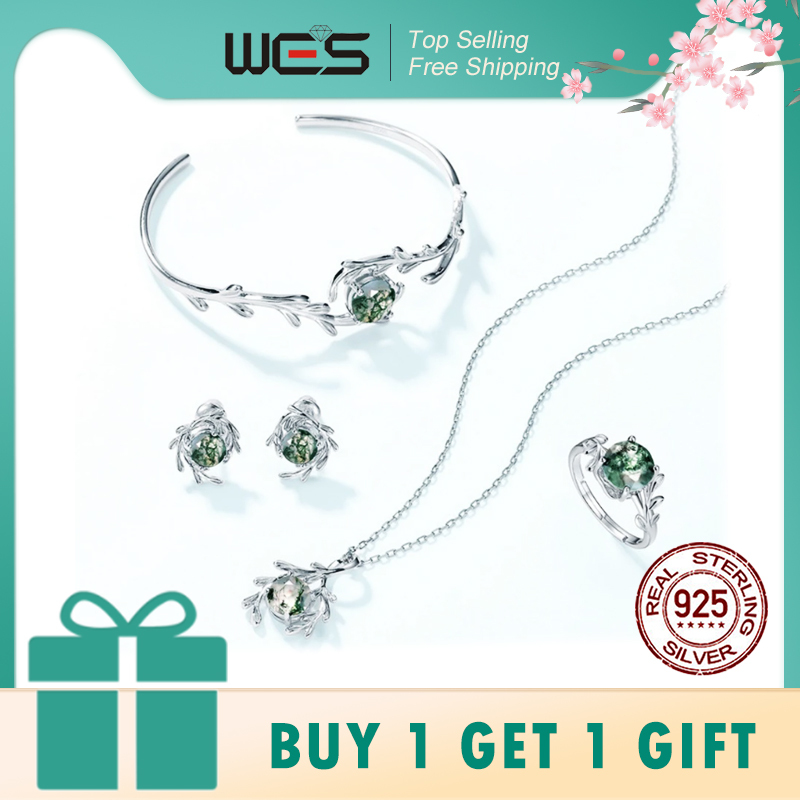WES 925 Sterling Silver Natural Gemstone 8*8mm Moss Agate Jewelry Set for Women Leaf Branch Ring Pendant Wholesale Wedding Gift