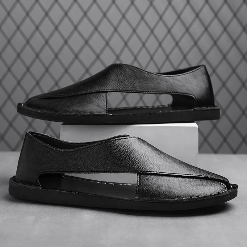 Summer Men's Sandals Handmade Leather Casual Shoes Comfortable Slip-On Beach Shoes Breathable Sandals Loafers Wading Aqua Shoes