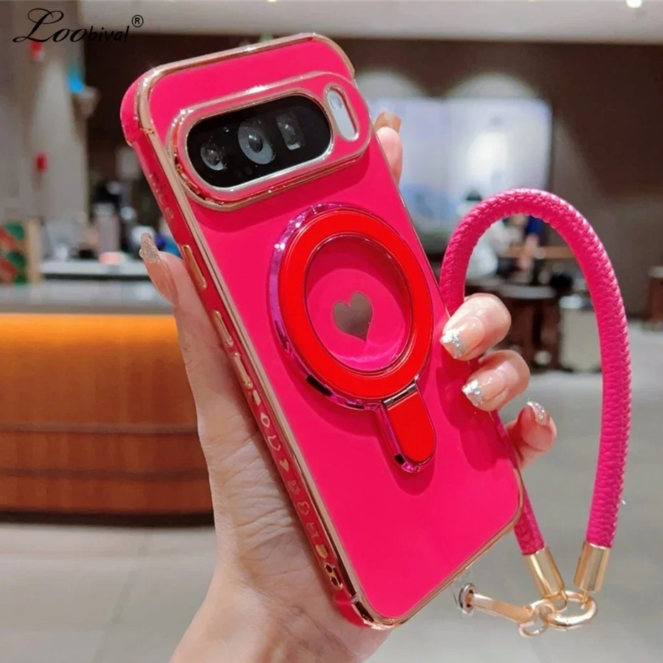 Cute Love Heart Wrist Strap Bracket Case For Google Pixel 8 9 10 Pro XL 9A 8A 7A Ring Holder Stand Lanyard Plating Soft_voghion.com