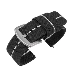 Durable Nylon Military - Style Elastic Watch Band - 22mm (Black white silver)