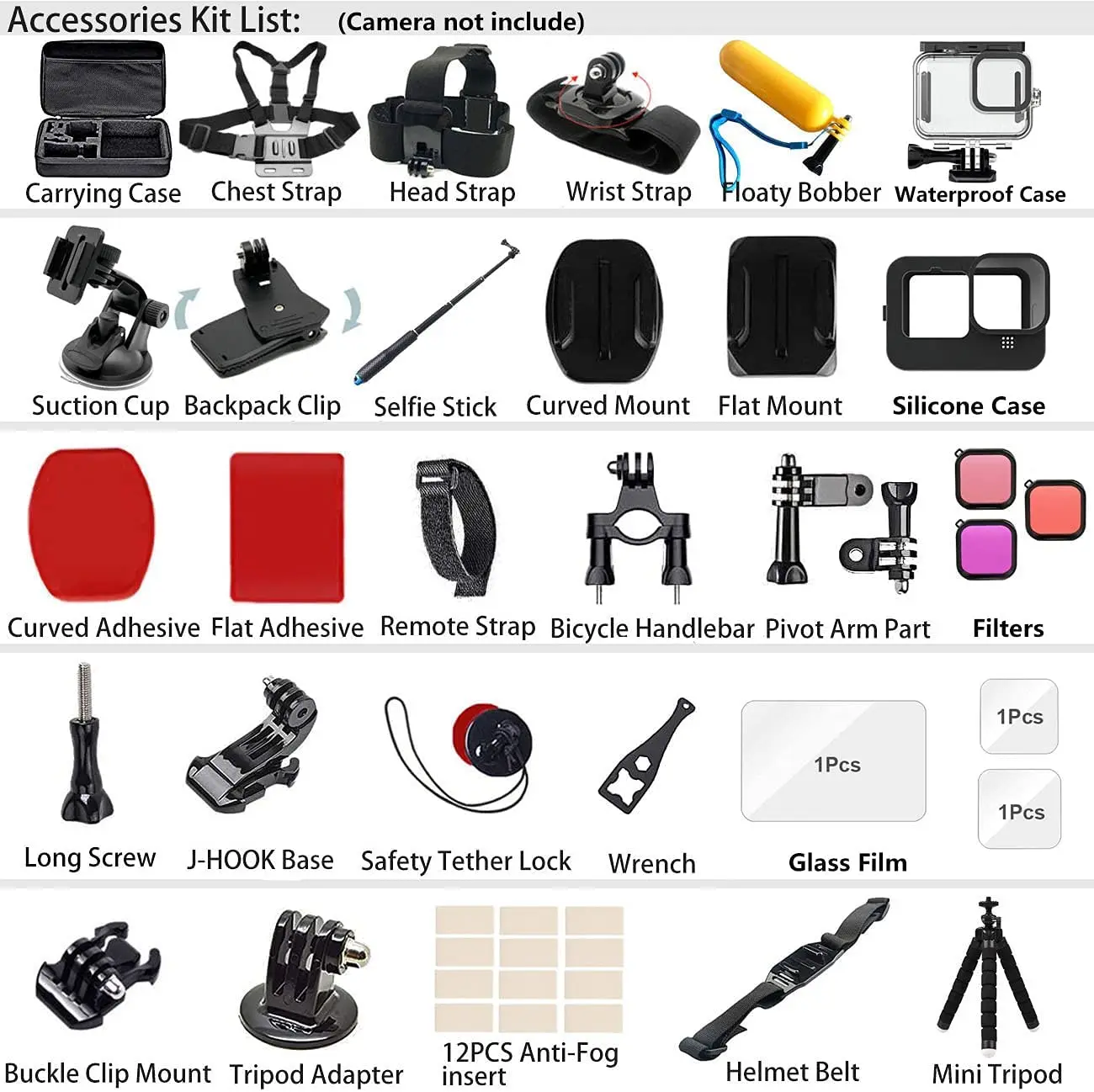 Gopro Hero 12 11 10 9 용 KFFTWWX 액세서리 키트 Go Pro Hero11 Hero12 용 검정색 운반 가방 방수 하우징 케이스 삼각대 세트