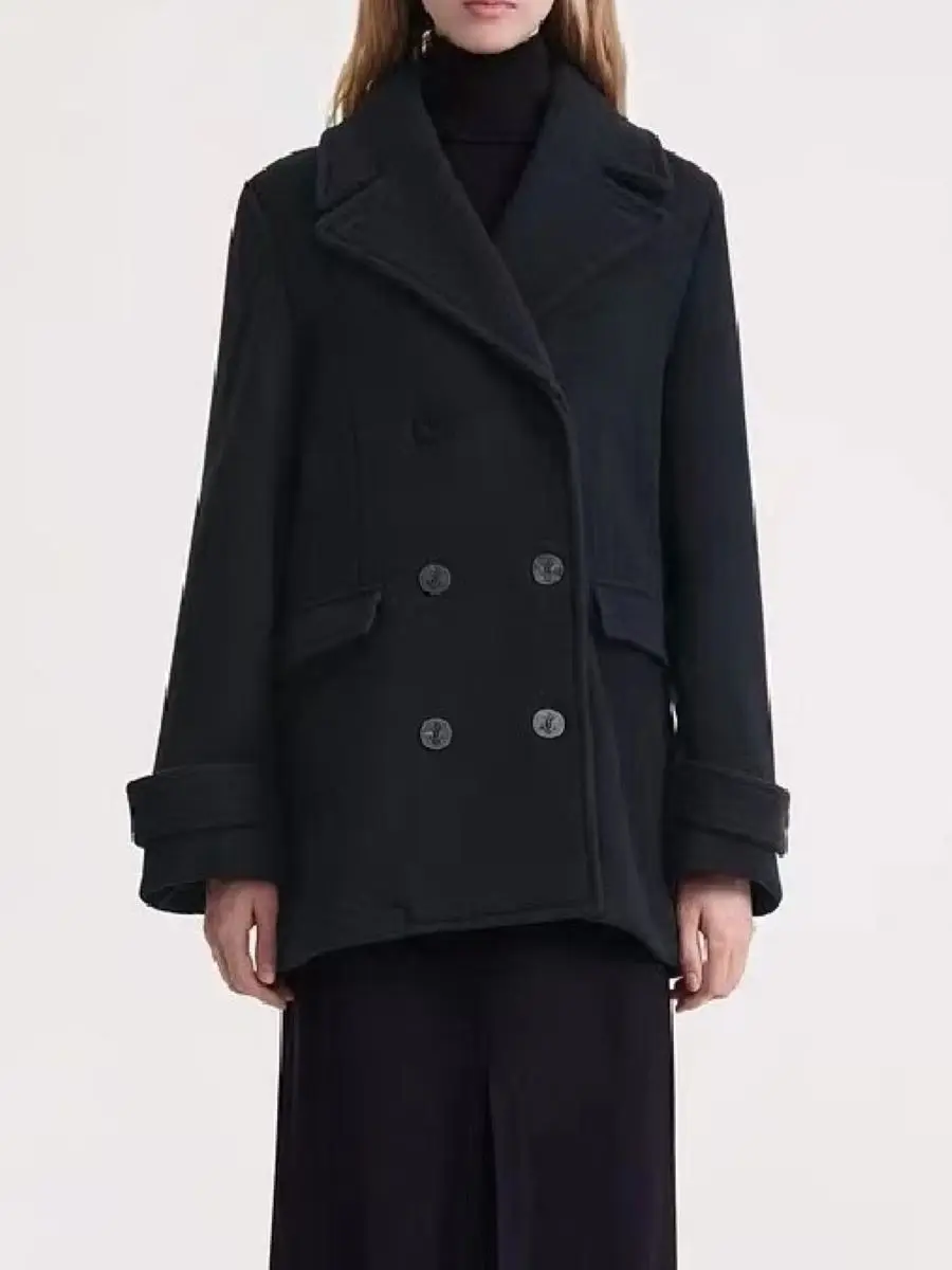 

Women Coat Double Breasted Notched Long Sleeve Vintage Wool Blend Jacket