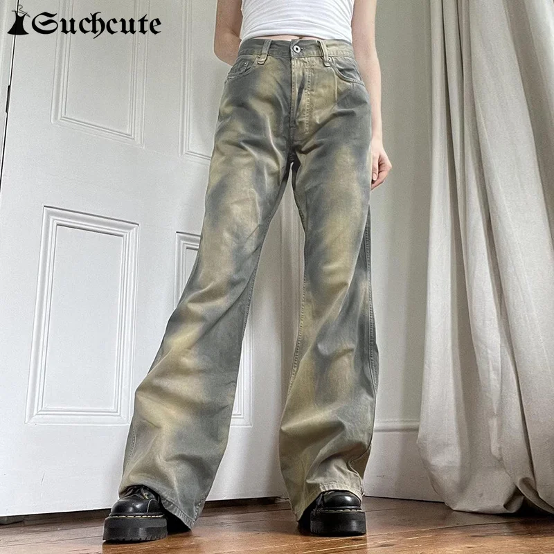 

Женские джинсы с градиентом, свободные брюки Y2k в стиле High Street с широкими штанинами, Повседневная модная уличная одежда, прямые джинсовые брюки