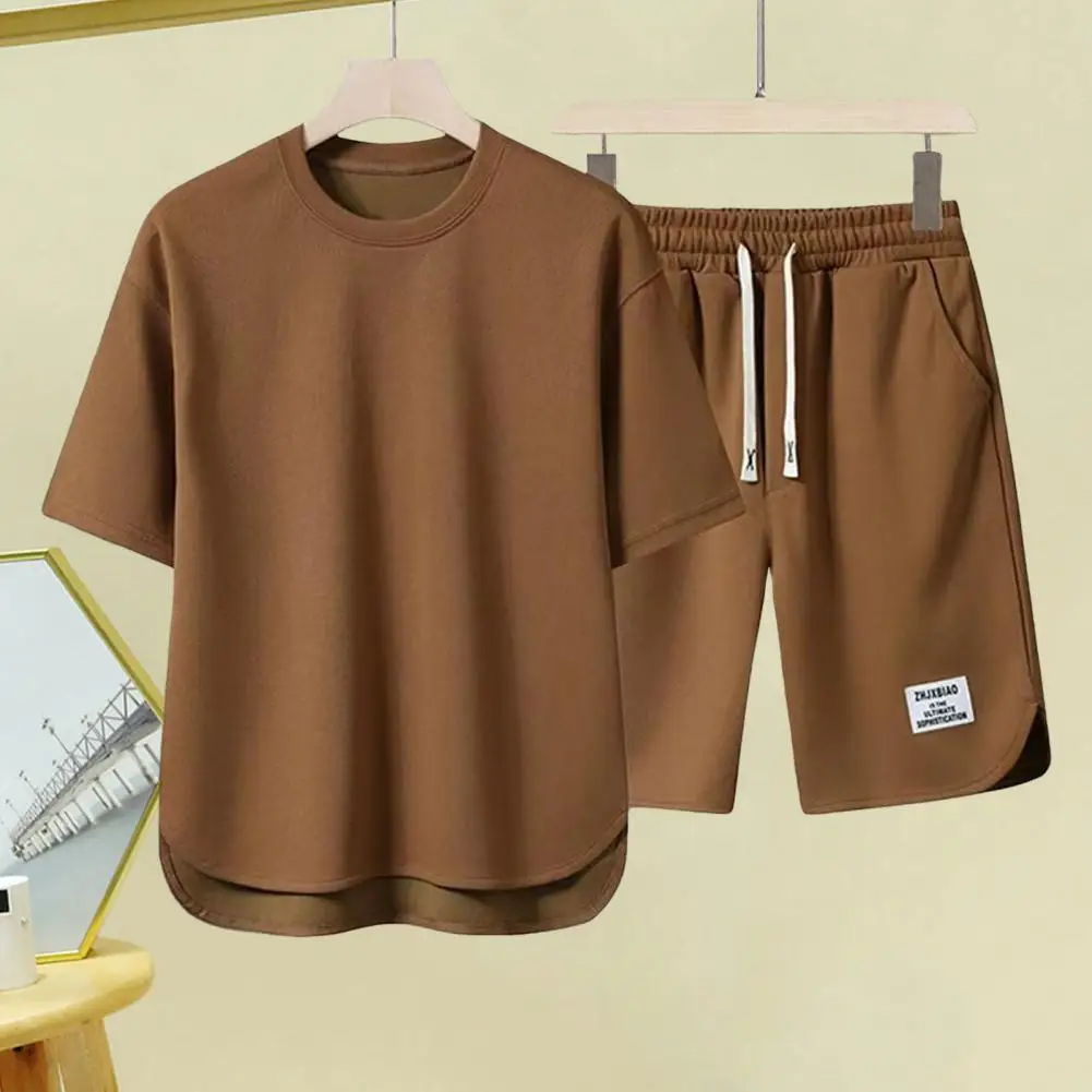 

Jogging Suit with Pockets Men's Summer Casual Outfit Set O-neck Short Sleeve T-shirt Elastic Drawstring Waist Wide Leg Shorts