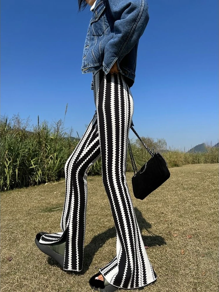 

Брюки-клеш Женские в полоску, модные широкие штаны с эластичным завышенным поясом, повседневные длинные брюки в Корейском стиле, черные белые, весна-осень