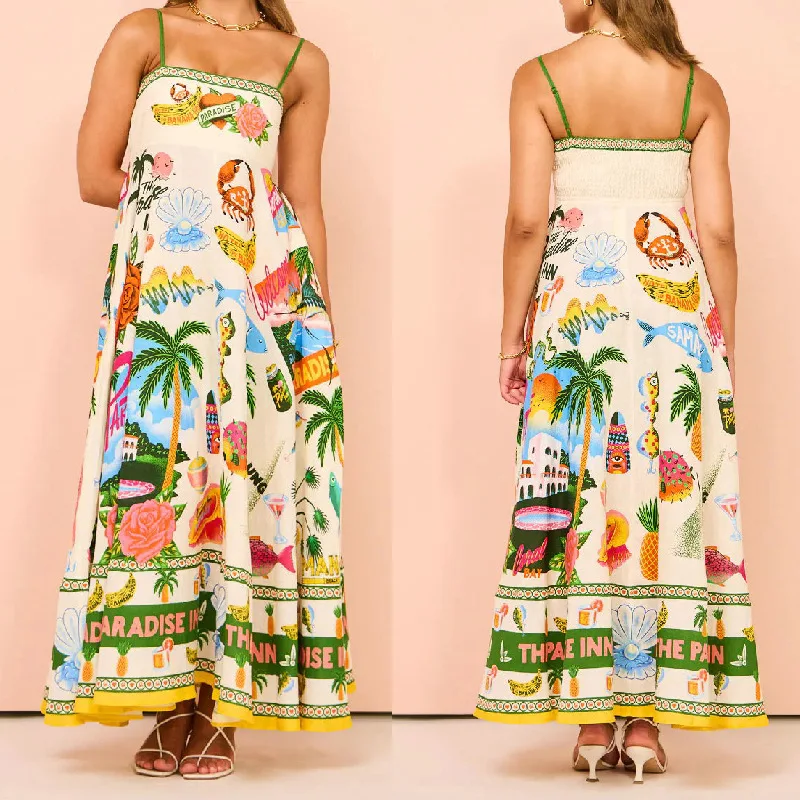 

Elegant Women's Midi Dress Flower Sexy Open Back Strap Graffiti Print Cotton Linen Dress Beach Vacation Girl Summer 2024