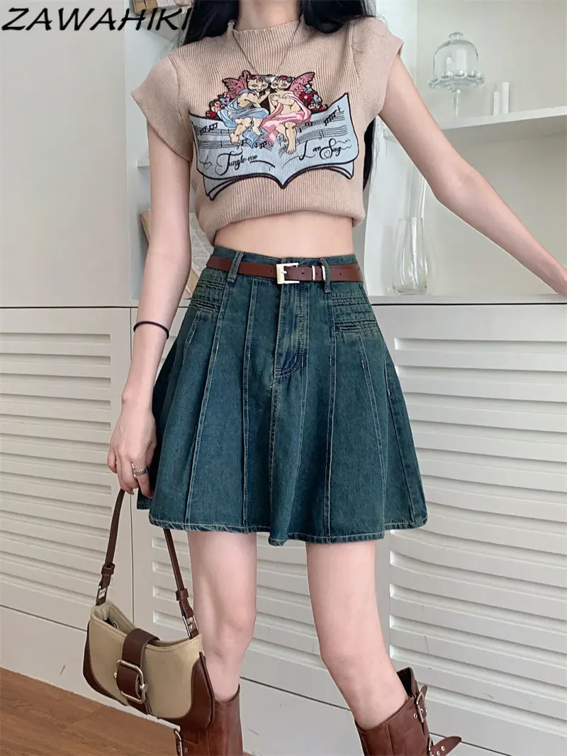 

Pleated High Waist Vintage Solid Color Denim Short Skirt Women Summer New A-line Elegant Temperament Blue Kpop Casual Faldas