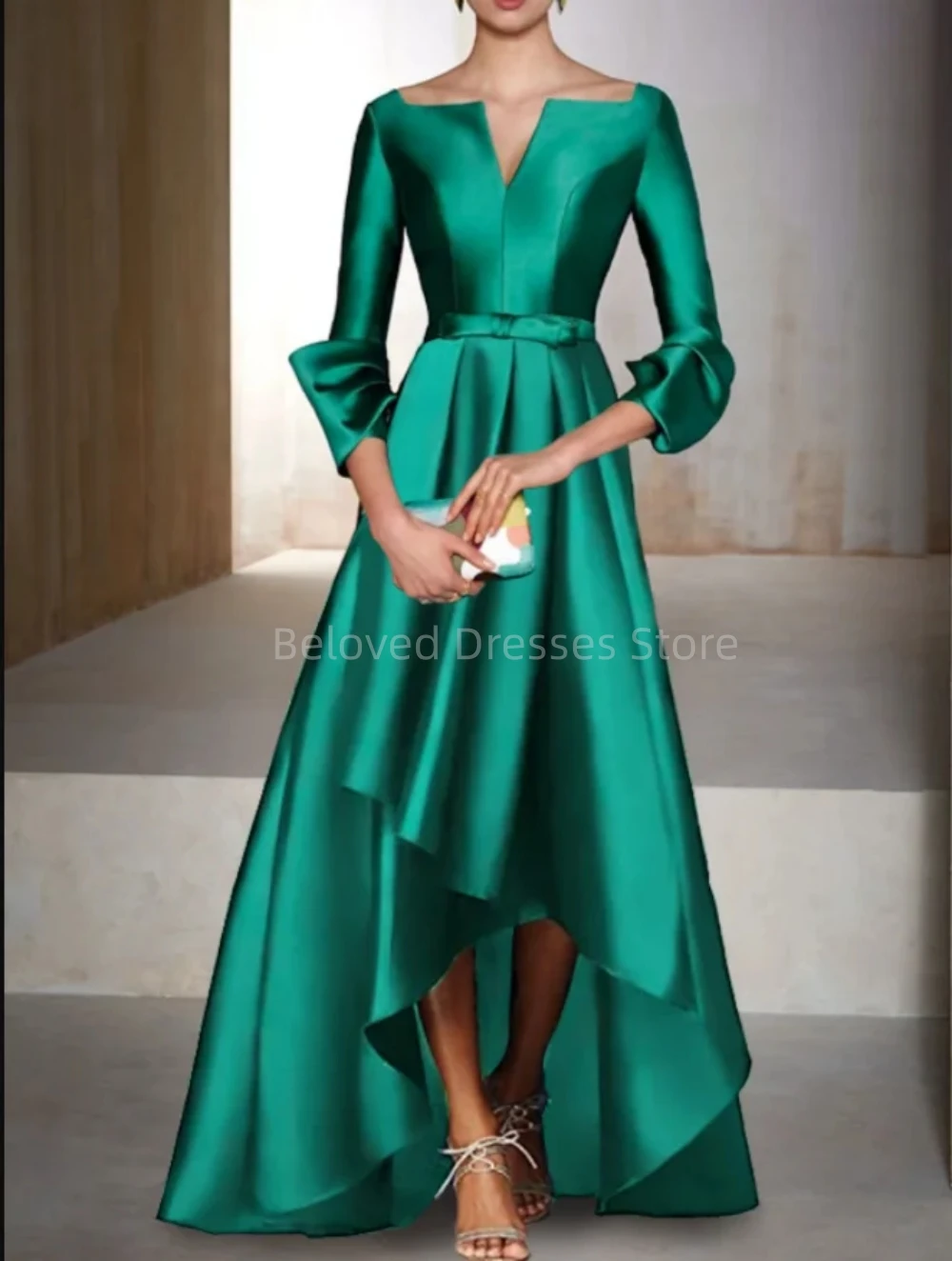 

Elegant Satin Pleated Asymmetrical Dresses With Pockets Hi-Lo Zipper Long V-Neck Prom Dresses for Women 2023 Vestido De Noche