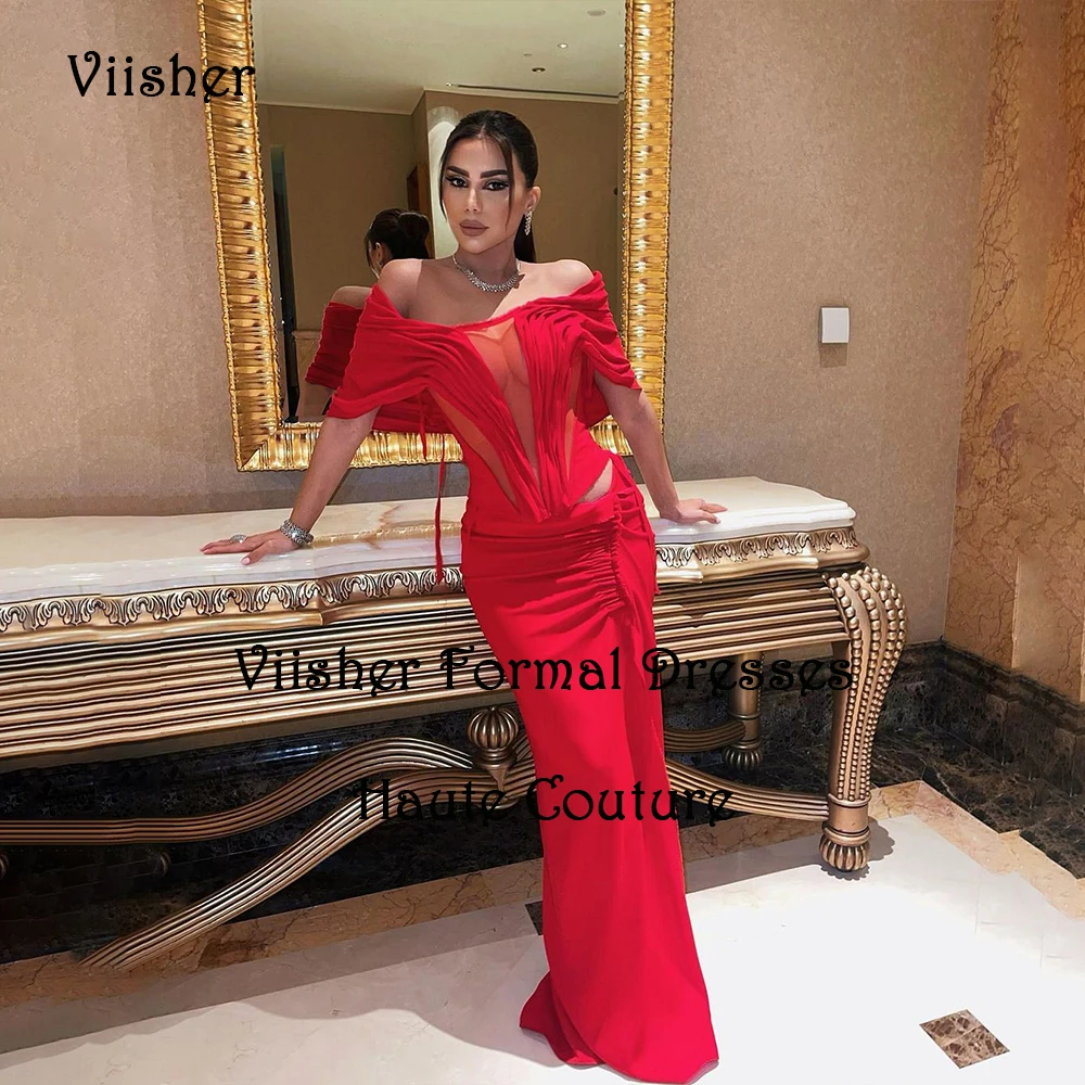 

Red Mermaid Evening Dresses for Women Off Shoulder Pleats Satin Strapless Prom Dress Floor Length Arabic Dubai Formal Gowns