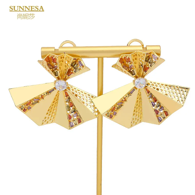 SUNNESA Italian 18k Gold Plated Earrings for Women Geometric Luxury Colorful Zircon Big African Clip Earrings Dubai Jewelry