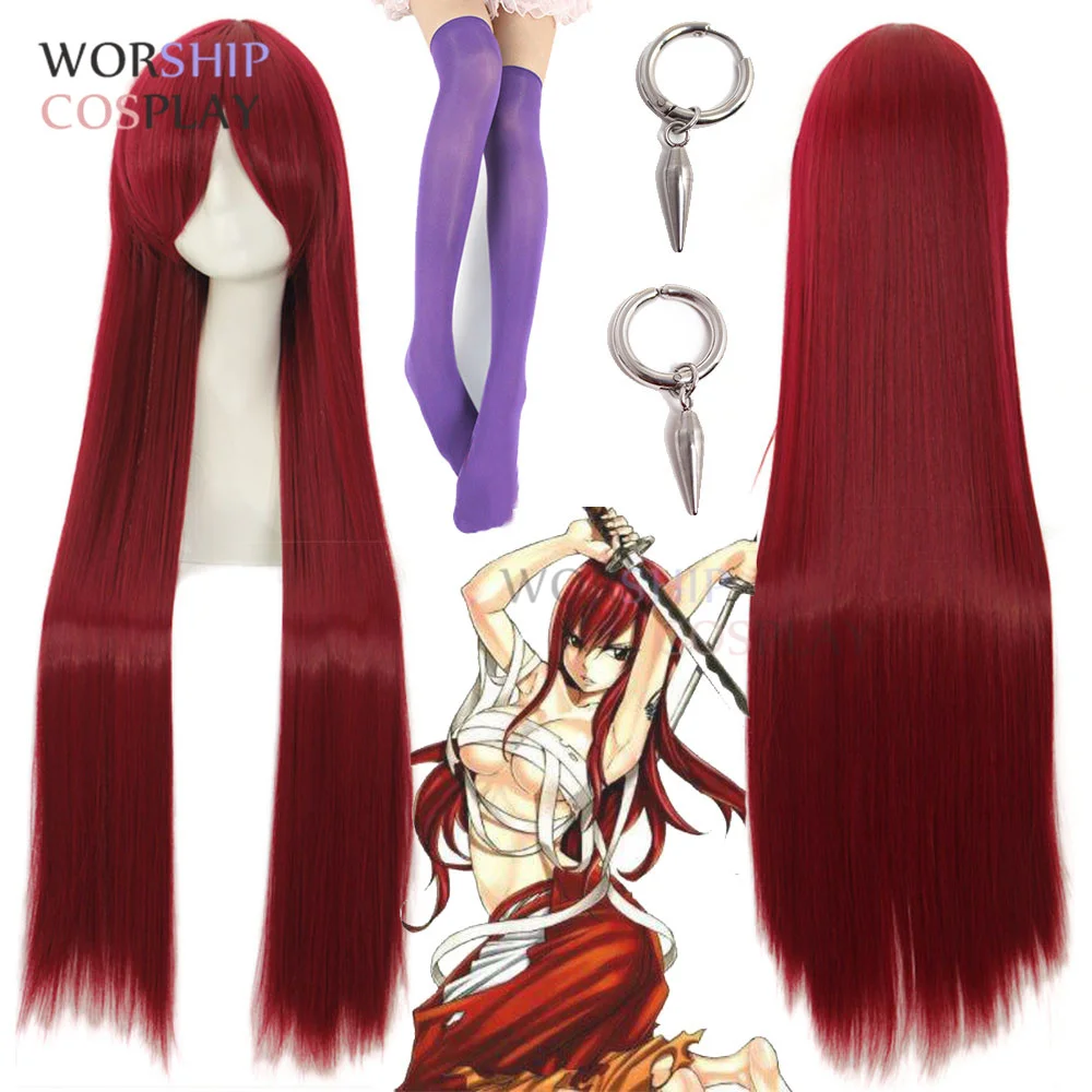 Erza Scarlet Cosplay Purple stocking Sock Fairy tail Cosplay Earring stockings Props Red Wigs