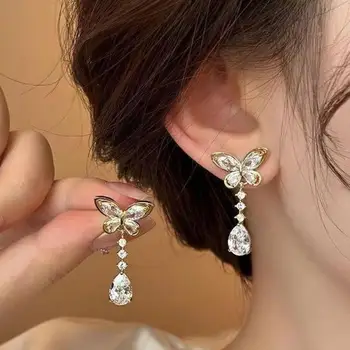 925 Silver Needle Korean Fashion Crystal Butterfly Tassel Earrings For Women Jewelry 2025 Trending Luxury Zircon Drop Earrings