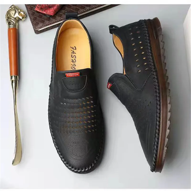 Italian Men Casual Shoes Luxury Brand Summer Leather Mens Loafers Moccasins Hollow Out Breathable Slip On Driving Shoes 2022 New