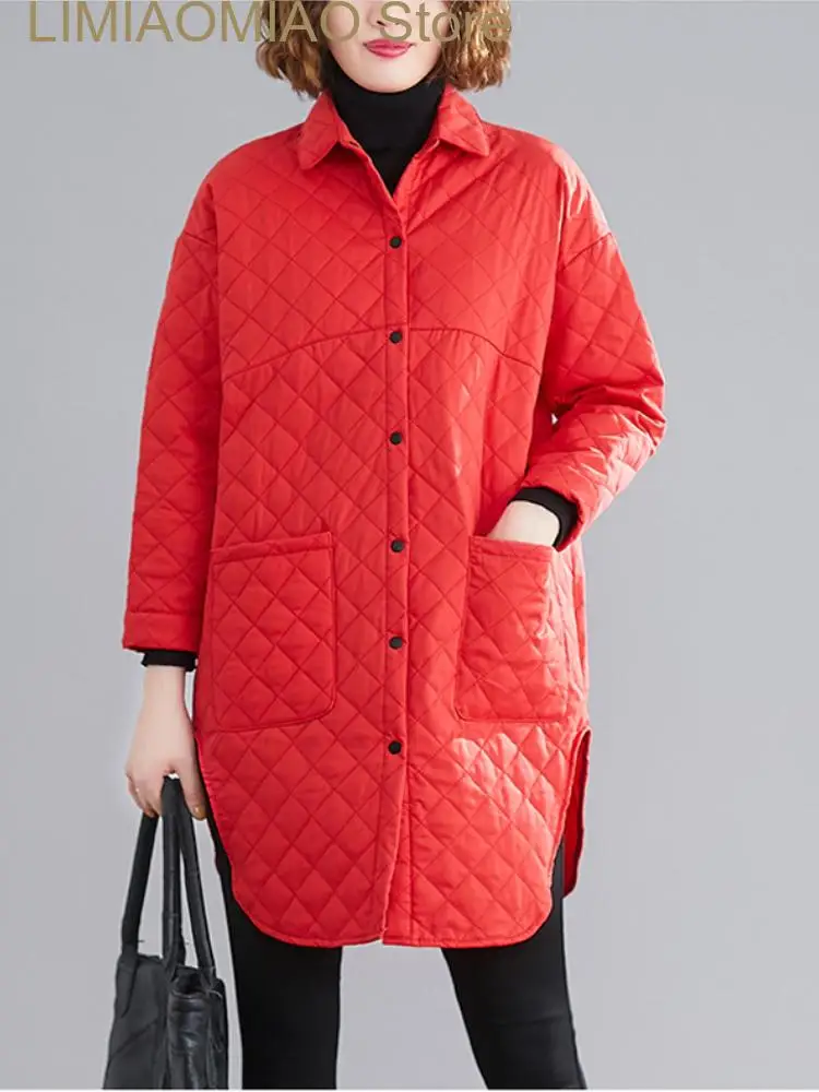

New Coats Winter Oversized Parkas Lapel Single Breasted Diamond Lattice Thick Coat Shirt Top Windbreak Female Clothing