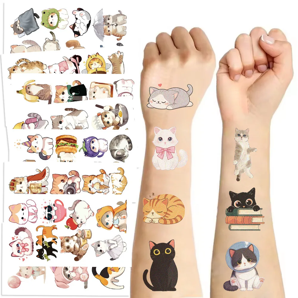Tattoo Sticker 10 Pcs Cartoon Cat Temporary Tattoo Stickers Waterproof for Kids Birthday Gift