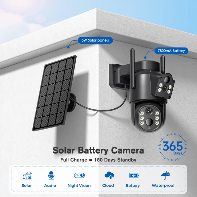 4K HD Solar WiFi Camera Outdoor Built-in Battery Dual Lens 2K Security Camera Solar Panel Wireless Video Surveillance CCTV iCSee 2