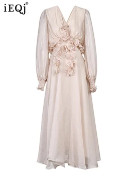 فستان IEQJ عتيق بفتحة رقبة على شكل حرف v مزين بالزهور ثلاثي الأبعاد للنساء فساتين بأكمام واسعة موضة 2023 ملابس ربيع جديدة CP0883 1