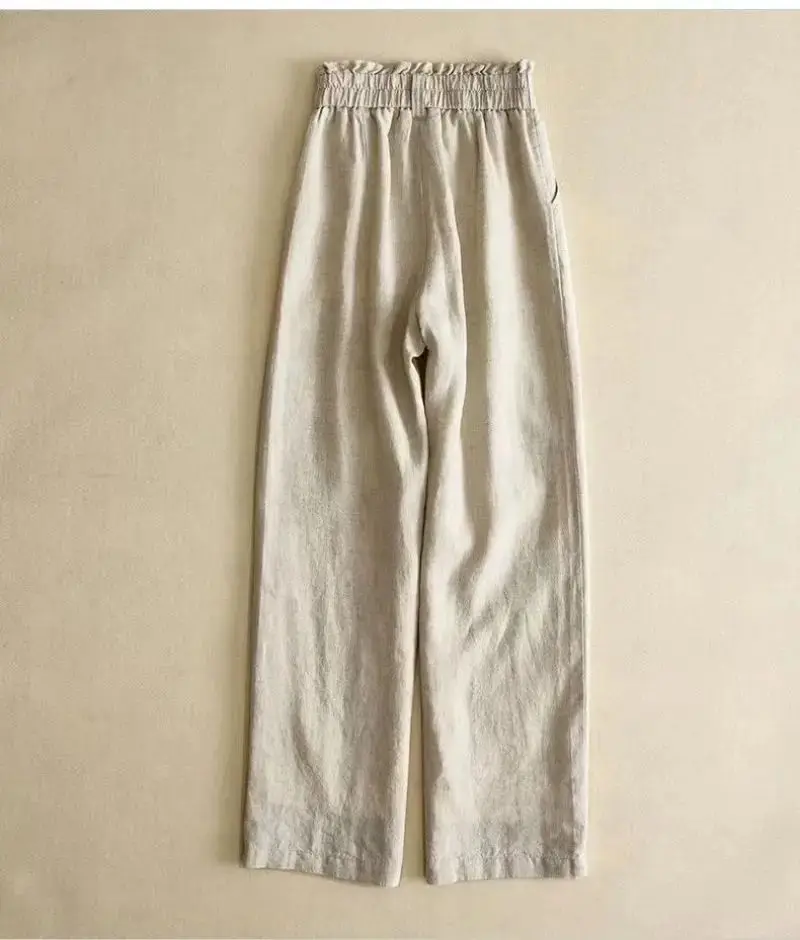 Pantalones holgados de pierna ancha para mujer, ropa básica informal de lino liso, elástica, de cintura alta, hasta el t