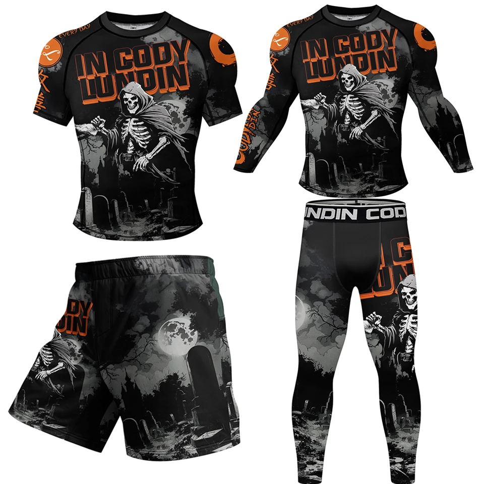 New Skull Men Rashguard Jiu Jitsu MMA T-shirt+Shorts Set Bjj Kickboxing Grappling Boxing Jerseys Muay Thai Rash Guard Sportswear