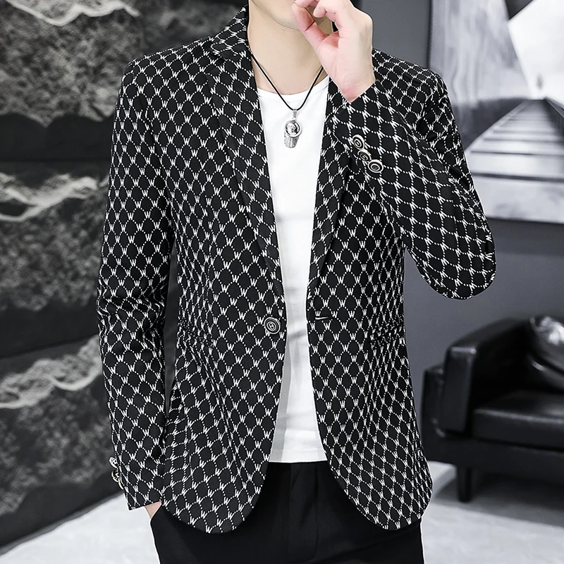 Korean Letter Print Men Blazers Brand Spring Casual Business Suit Jackets Slim Fit Street Wear Social Jacket Men Clothing