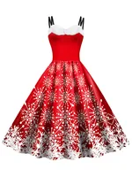 Women's Sexy Spaghetti Strap Elk Snowflake Print Dress Vintage Holiday Party Christmas Cosplay Costume