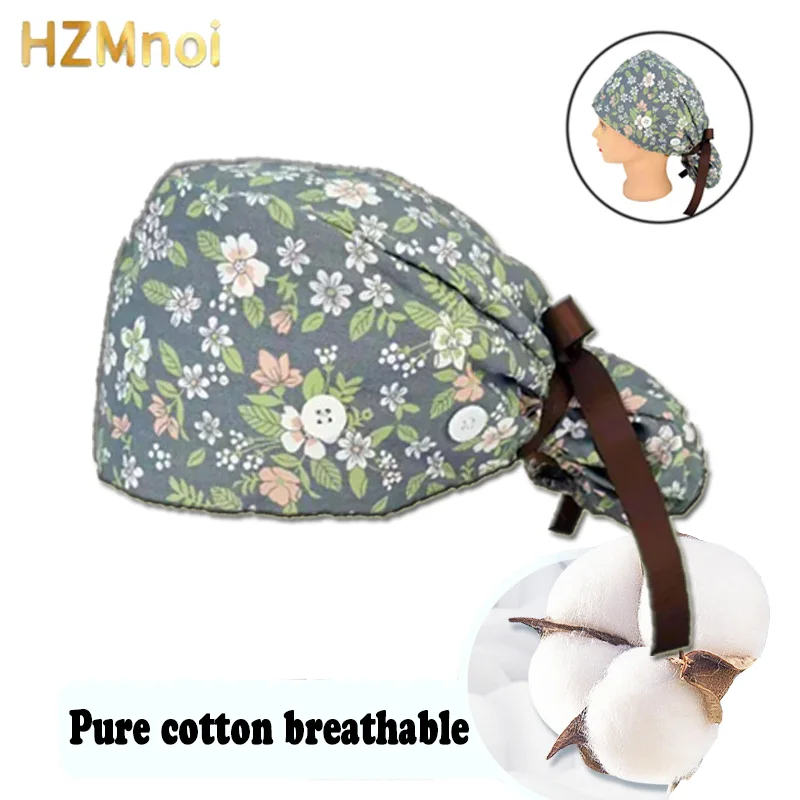 women's Cotton scrubs caps weat-absorbent Elastic Section pet grooming nursing work hats lab Flower print nurse scrub hat Wholes beauty salon work hats unisex scrub elastic cotton pet grooming cap health service pet work cap ponytail nursing work button hat