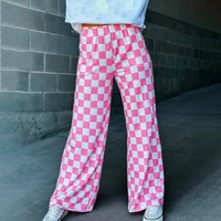 Womens Checkered Wide Leg Pants Vintage High Elastic Waist Straight Loose Fit Lounge Trouser Teen Girl Harajuku Streetwear 2