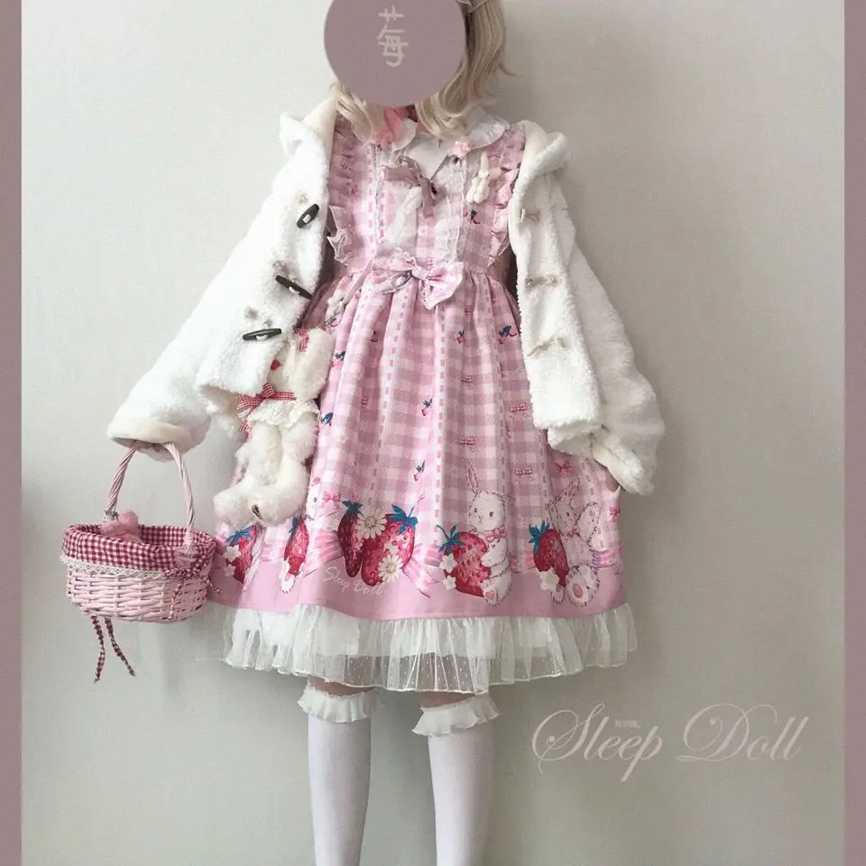 

Japanese Lolita Dress Sweet Girls Strawberry Bunny Jsk Plaid Dresses Women Harajuku Lace Trim Sleeveless Kawaii Dress Vestidos