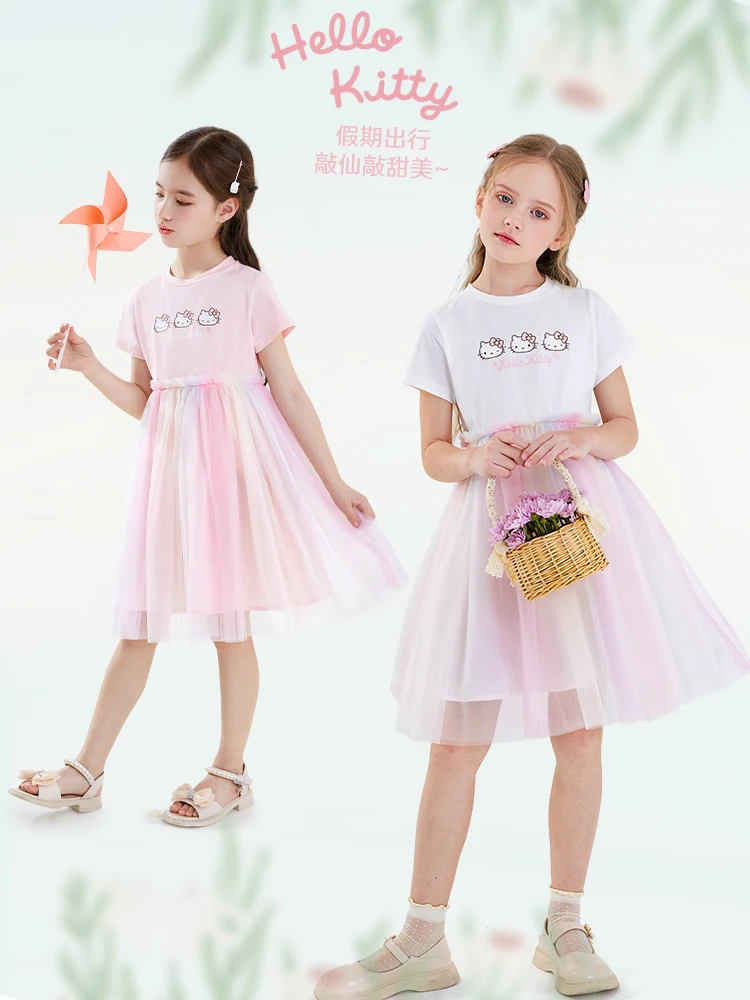 

Kawaii Sanrio Anime Hobby Hello Kitty Summer Cartoon Girls Dress Short Sleeve Mesh Skirt Knitted Skirt Birthday Present