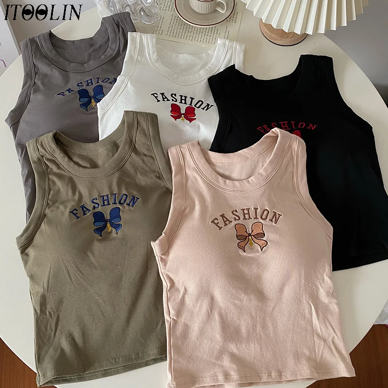 

ITOOLIN Cotton Women Running Tank Tops With Bra Pad Crop Tops O-NECK Bowknot Letter Printed Elastic Tank Tops Women Motion Tops