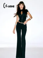 CNYISHE dentelle boucle femmes ensembles mode Cool demi col haut manches courtes gaine Chic t-shirts solide femmes costumes à la mode Sexy pantalon 1