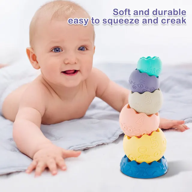 Baby Sorting Nesting & Stacking Toys for Educational Stacking Blocks Color Shape Soft Rubber Blocks Toys for 6+ Months Toddlers 4